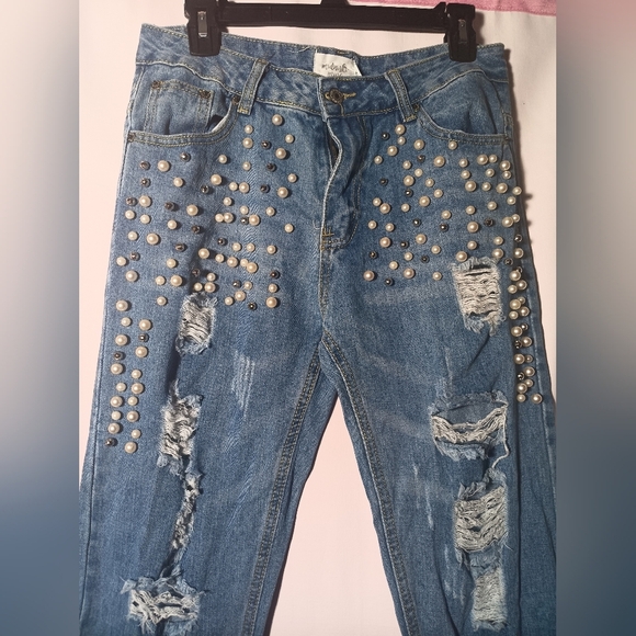 Women's Distressed Blue Jeans with Studded Detail - Picture 2 of 8